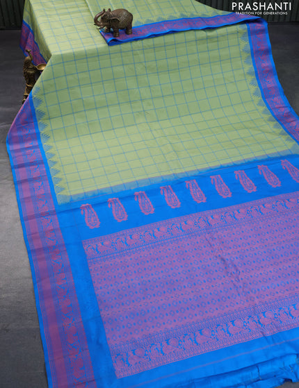 Pure gadwal silk saree pastel green and cs blue with allover checked pattern and thread woven border