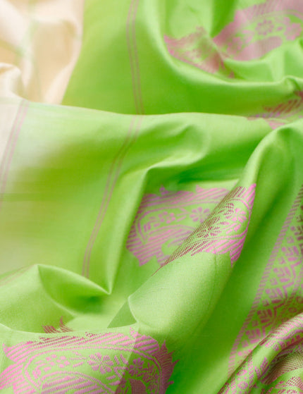 Pure gadwal silk saree cream and light green with allover checked pattern and thread woven border