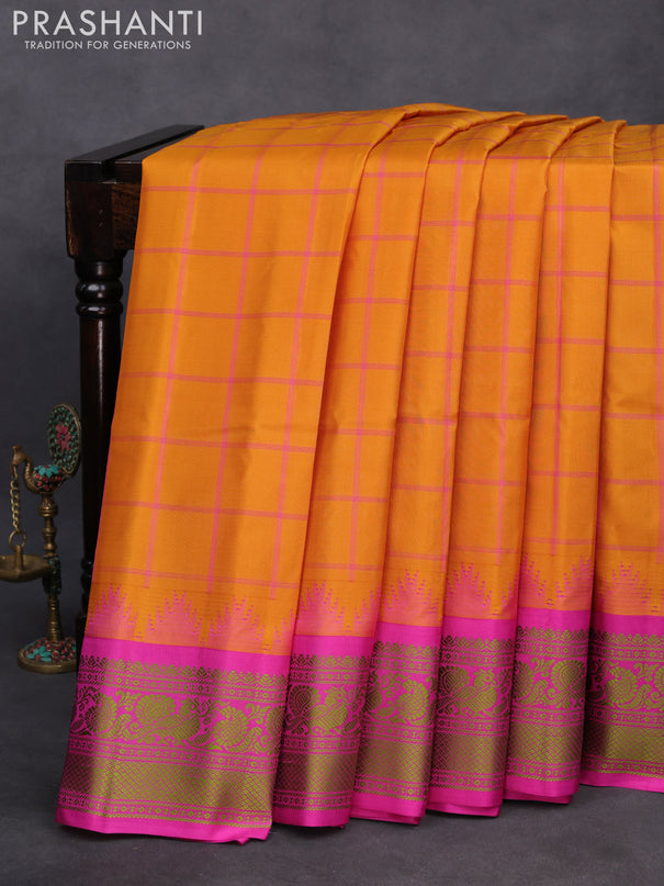 Pure gadwal silk saree mustard yellow and pink with allover checked pattern and thread woven border