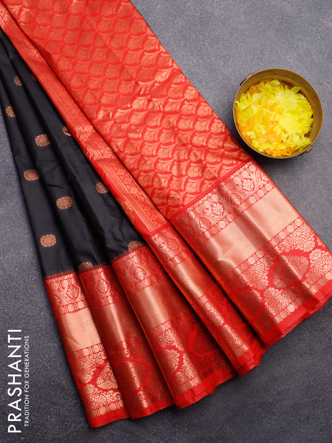 Semi gadwal saree black and red with copper zari woven buttas and long zari woven border