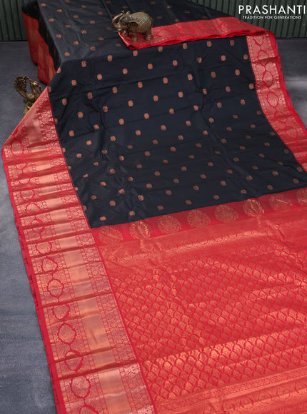 Semi gadwal saree black and red with copper zari woven buttas and long zari woven border