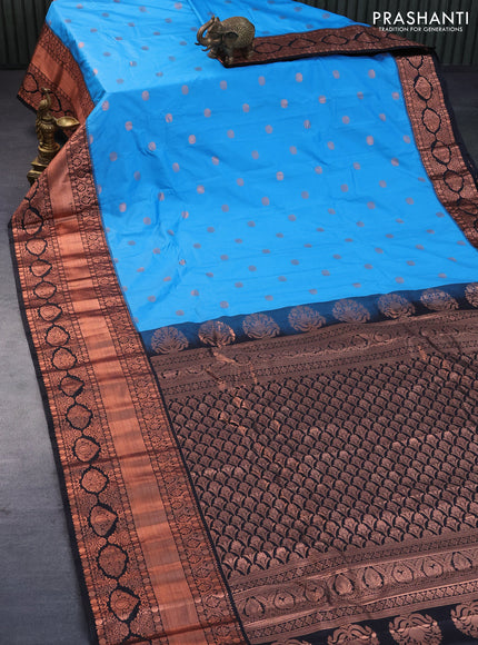 Semi gadwal saree blue and black with copper zari woven buttas and long zari woven border