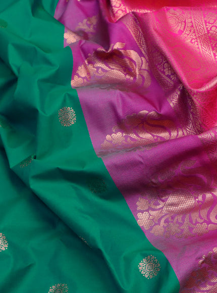 Semi gadwal saree teal green and pink with copper zari woven buttas and long zari woven border