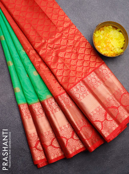 Semi gadwal saree light green and red with copper zari woven buttas and temple design long zari woven border