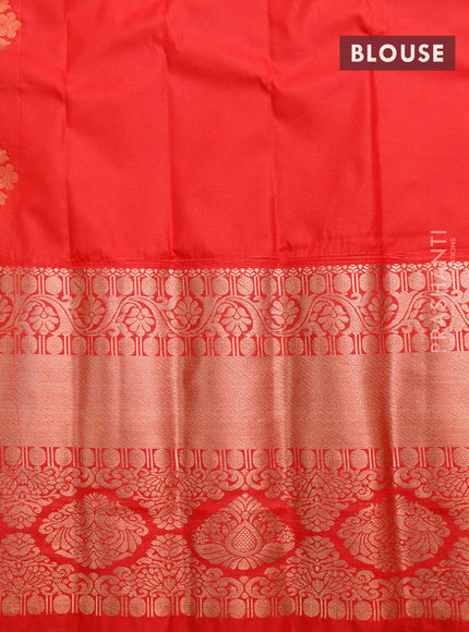 Semi gadwal saree light green and red with copper zari woven buttas and temple design long zari woven border