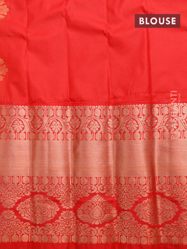 Semi gadwal saree light green and red with copper zari woven buttas and temple design long zari woven border