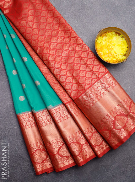 Semi gadwal saree teal green and red with copper zari woven buttas and temple design long zari woven border