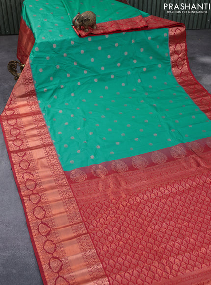 Semi gadwal saree teal green and red with copper zari woven buttas and temple design long zari woven border