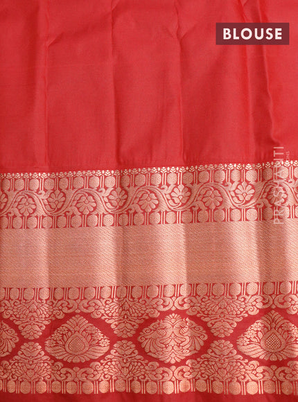 Semi gadwal saree teal green and red with copper zari woven buttas and temple design long zari woven border