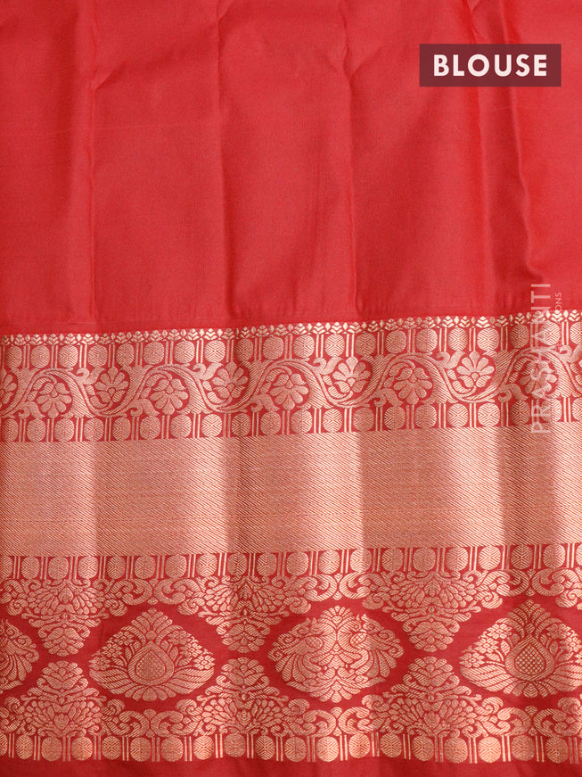 Semi gadwal saree teal green and red with copper zari woven buttas and temple design long zari woven border