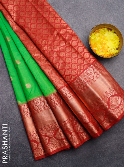 Semi gadwal saree light green and maroon with copper zari woven buttas and temple design long zari woven border