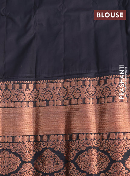 Semi gadwal saree teal blue and black with copper zari woven buttas and temple design long zari woven border