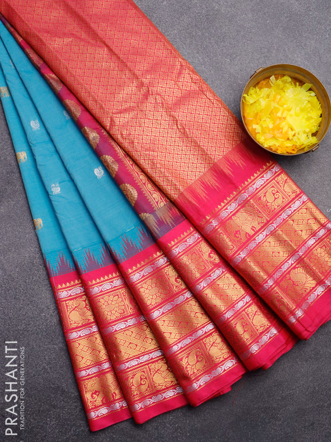 Semi gadwal saree light blue and pink with silver & gold zari woven buttas and temple design long zari woven border