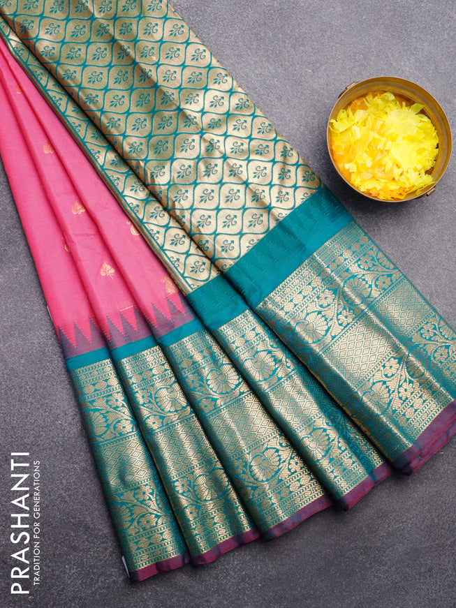 Semi gadwal saree pink and teal green with paisley zari woven buttas and temple design long zari woven border