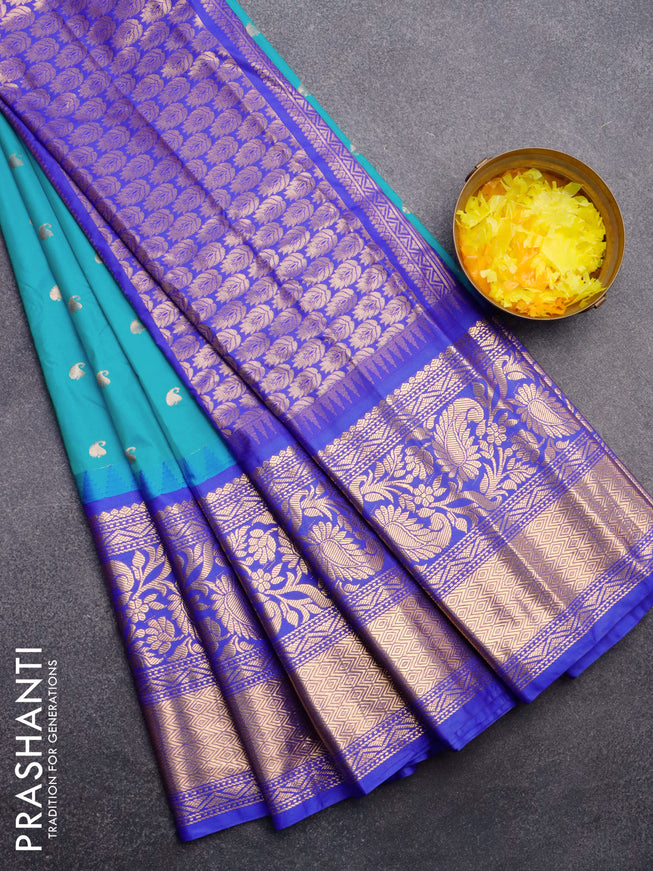 Semi gadwal saree cs blue and royal blue with zari woven buttas and temple design long zari woven border