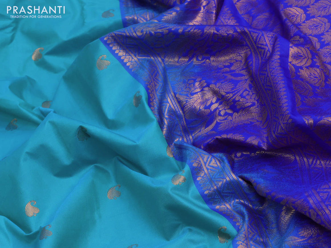 Semi gadwal saree cs blue and royal blue with zari woven buttas and temple design long zari woven border