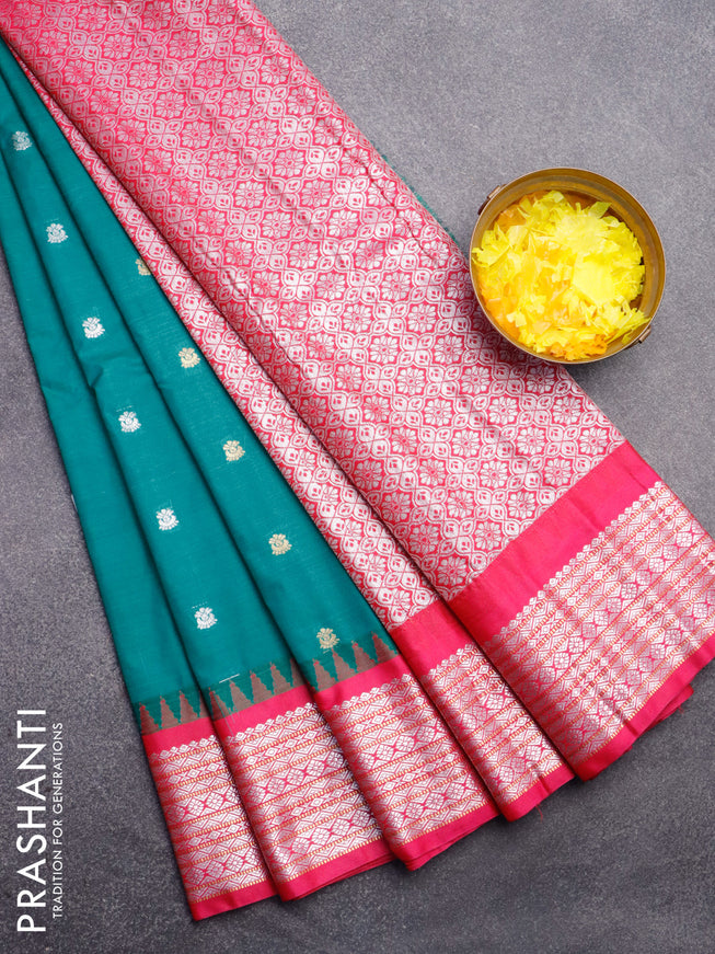 Semi gadwal saree teal green and pink with silver & gold zari woven buttas and temple design zari woven border