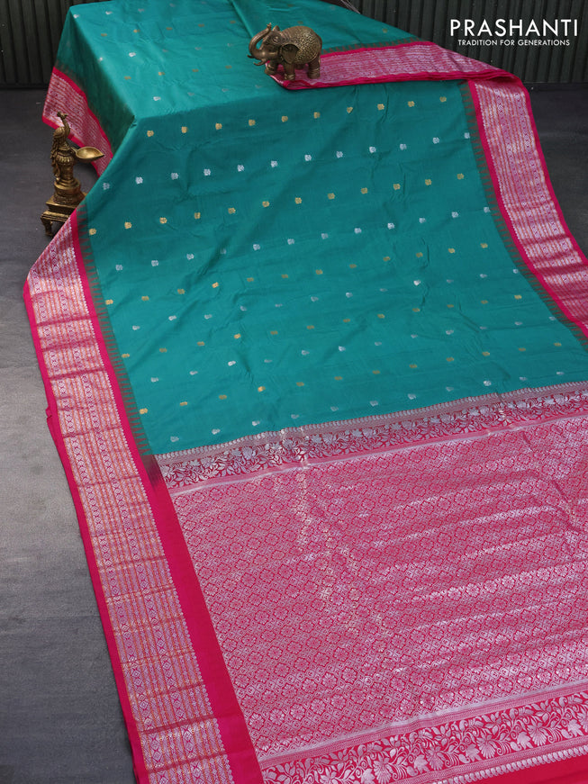 Semi gadwal saree teal green and pink with silver & gold zari woven buttas and temple design zari woven border