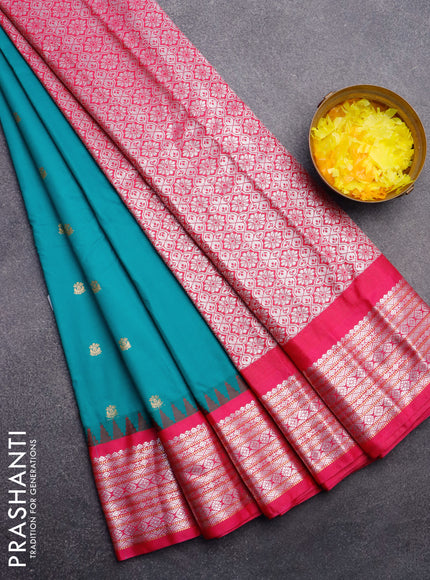 Semi gadwal saree teal green and pink with silver & gold zari woven buttas and temple design zari woven border