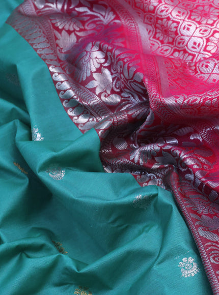 Semi gadwal saree teal green and pink with silver & gold zari woven buttas and temple design zari woven border