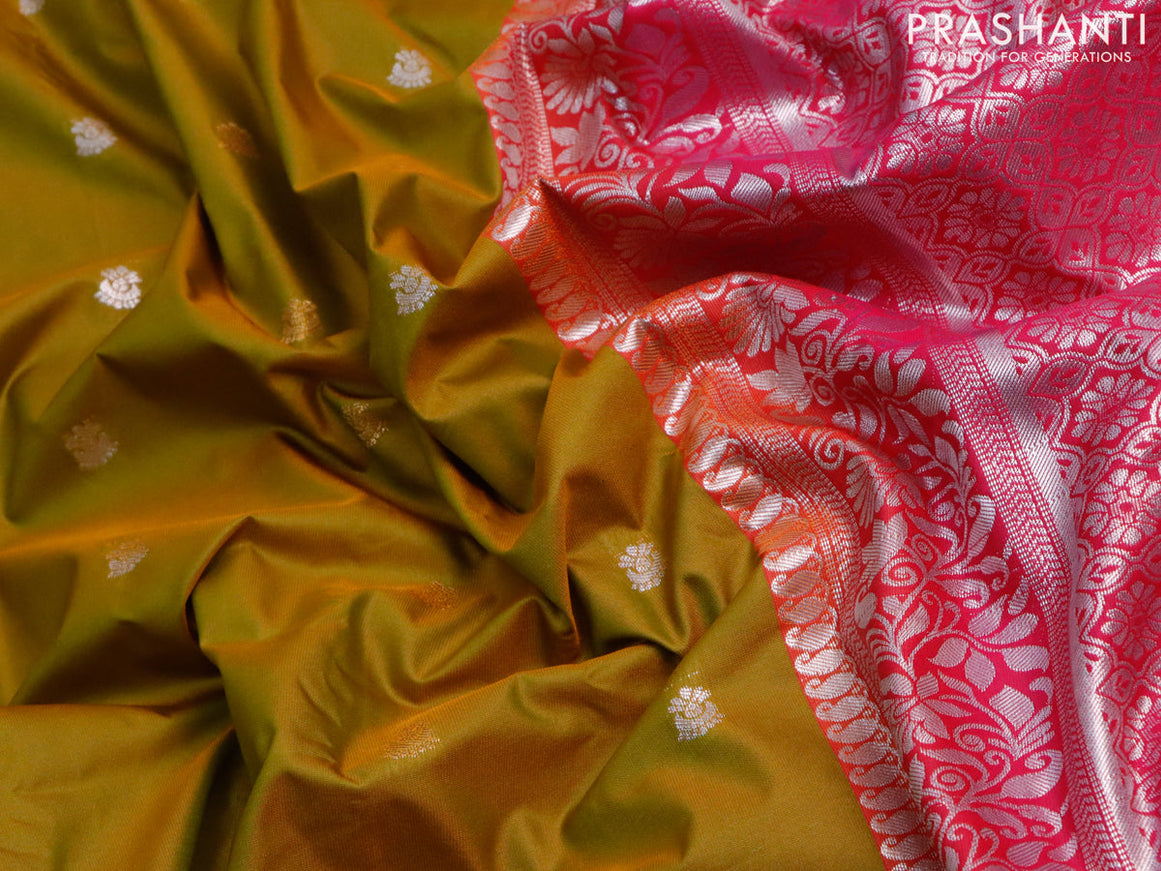 Semi gadwal saree mehendi green and pink with zari woven buttas and temple design zari woven border