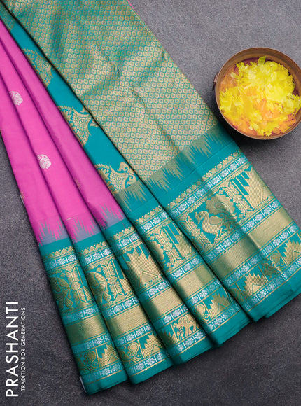 Semi gadwal saree pink and teal green with zari woven buttas and temple design long zari woven border