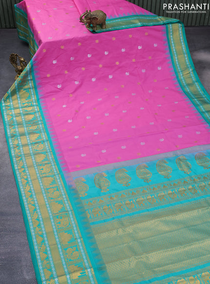 Semi gadwal saree pink and teal green with zari woven buttas and temple design long zari woven border