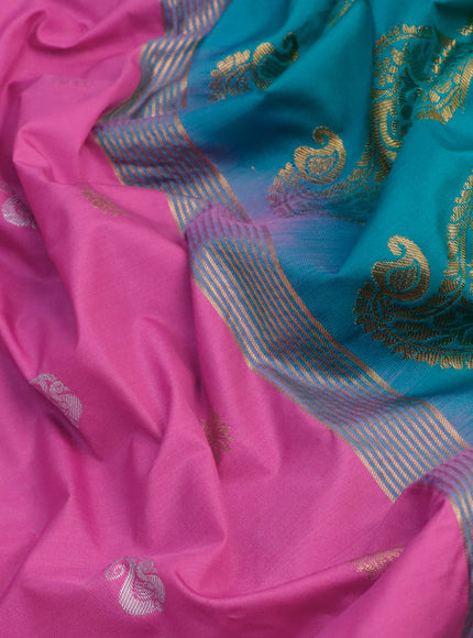 Semi gadwal saree pink and teal green with zari woven buttas and temple design long zari woven border