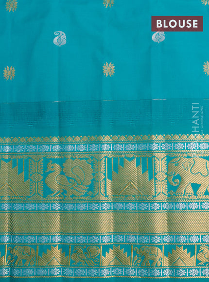 Semi gadwal saree pink and teal green with zari woven buttas and temple design long zari woven border