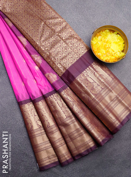 Semi gadwal saree pink and deep purple with allover zari weaves & buttas and temple design long zari woven border