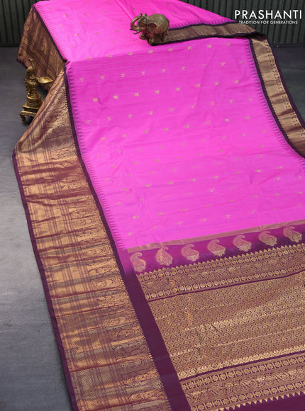 Semi gadwal saree pink and deep purple with allover zari weaves & buttas and temple design long zari woven border