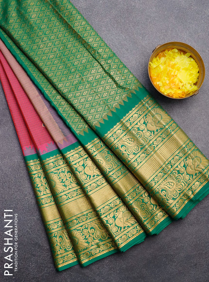 Semi gadwal saree pink and green with allover checked pattern & zari buttas and temple design long zari woven border