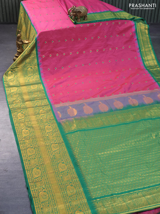 Semi gadwal saree pink and green with allover checked pattern & zari buttas and temple design long zari woven border