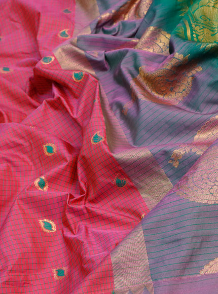 Semi gadwal saree pink and green with allover checked pattern & zari buttas and temple design long zari woven border