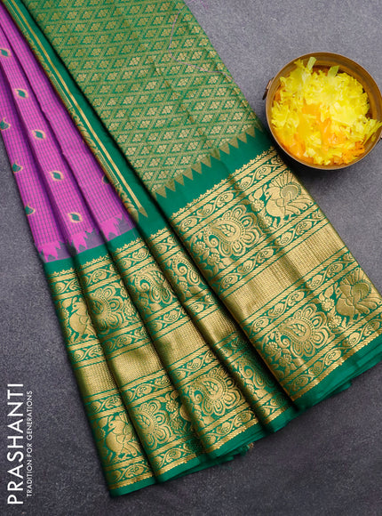 Semi gadwal saree pink and green with allover checked pattern & zari buttas and temple design long zari woven border