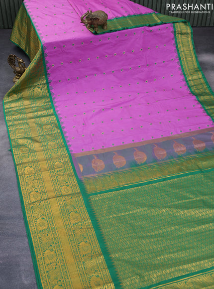 Semi gadwal saree pink and green with allover checked pattern & zari buttas and temple design long zari woven border