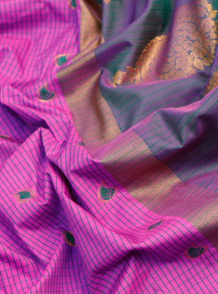 Semi gadwal saree pink and green with allover checked pattern & zari buttas and temple design long zari woven border