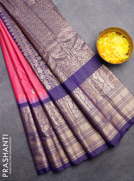 Semi gadwal saree pink and blue with allover checked pattern & zari buttas and temple design long zari woven border