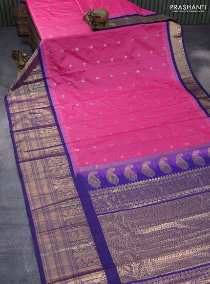 Semi gadwal saree pink and blue with allover checked pattern & zari buttas and temple design long zari woven border