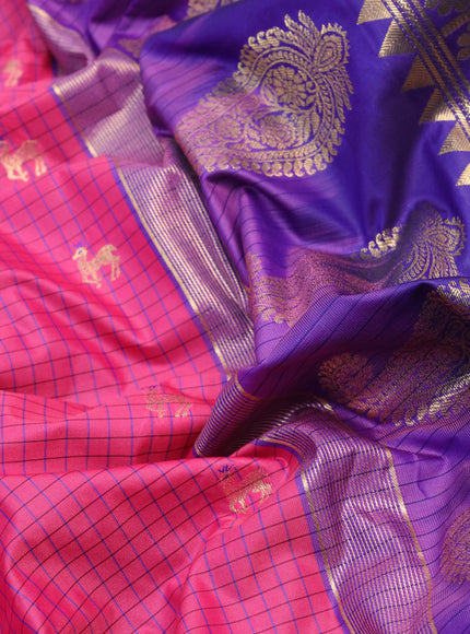 Semi gadwal saree pink and blue with allover checked pattern & zari buttas and temple design long zari woven border