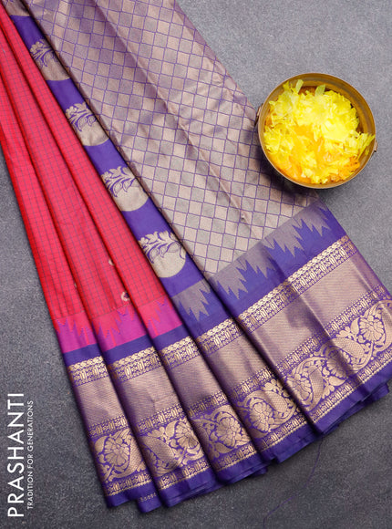 Semi gadwal saree pink and blue with allover checked pattern & zari buttas and temple design zari woven border