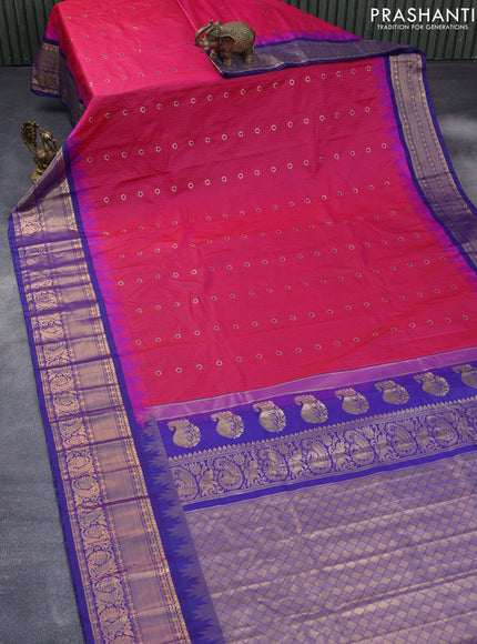 Semi gadwal saree pink and blue with allover checked pattern & zari buttas and temple design zari woven border