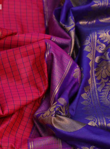 Semi gadwal saree pink and blue with allover checked pattern & zari buttas and temple design zari woven border