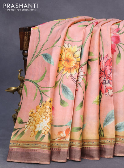 Pure tussar silk saree peach orange and brown with allover floral prints and zari woven border