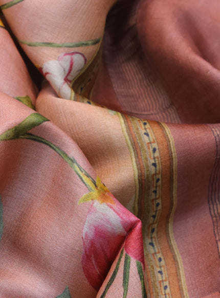 Pure tussar silk saree peach orange and brown with allover floral prints and zari woven border