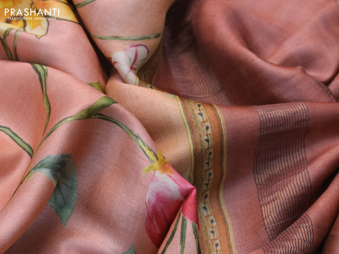 Pure tussar silk saree peach orange and brown with allover floral prints and zari woven border