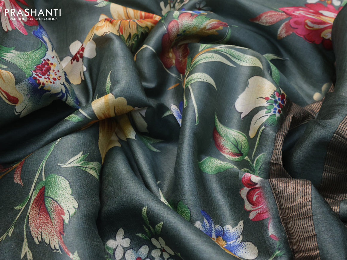 Pure tussar silk saree greyish green with allover floral prints and zari woven border