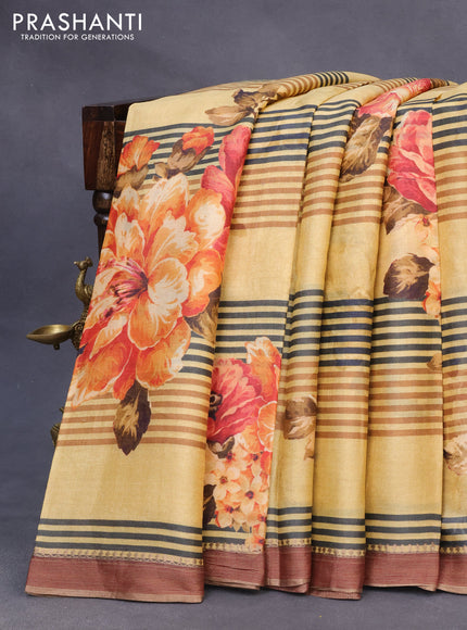 Pure tussar silk saree yellow and maroon with allover floral prints and zari woven border