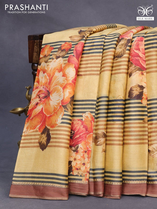 Pure tussar silk saree yellow and maroon with allover floral prints and zari woven border