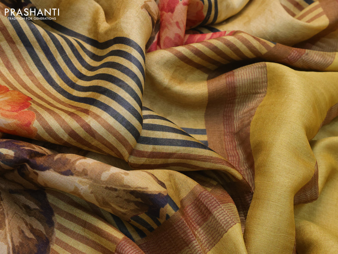 Pure tussar silk saree yellow and maroon with allover floral prints and zari woven border